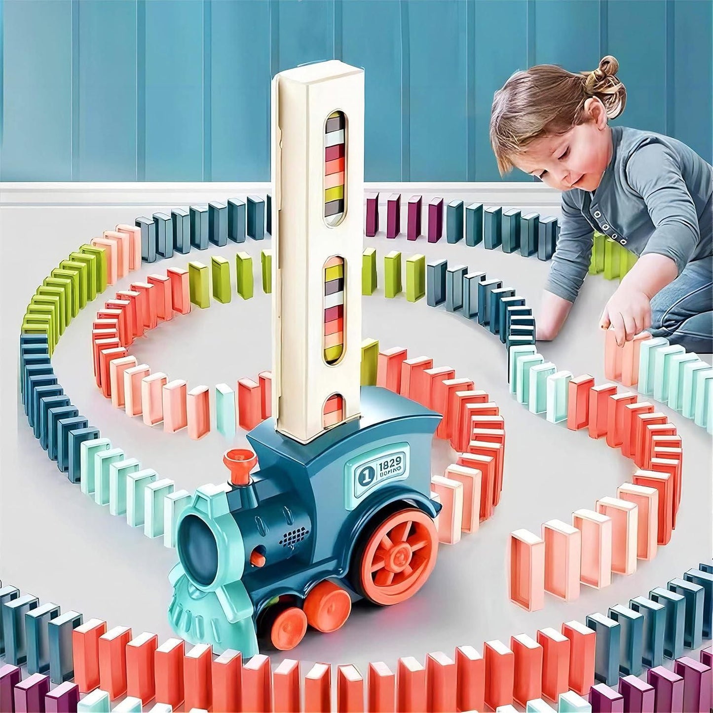 Zenavue Domino Rally Train Model with Lights and Sounds Construction and Stacking Toys